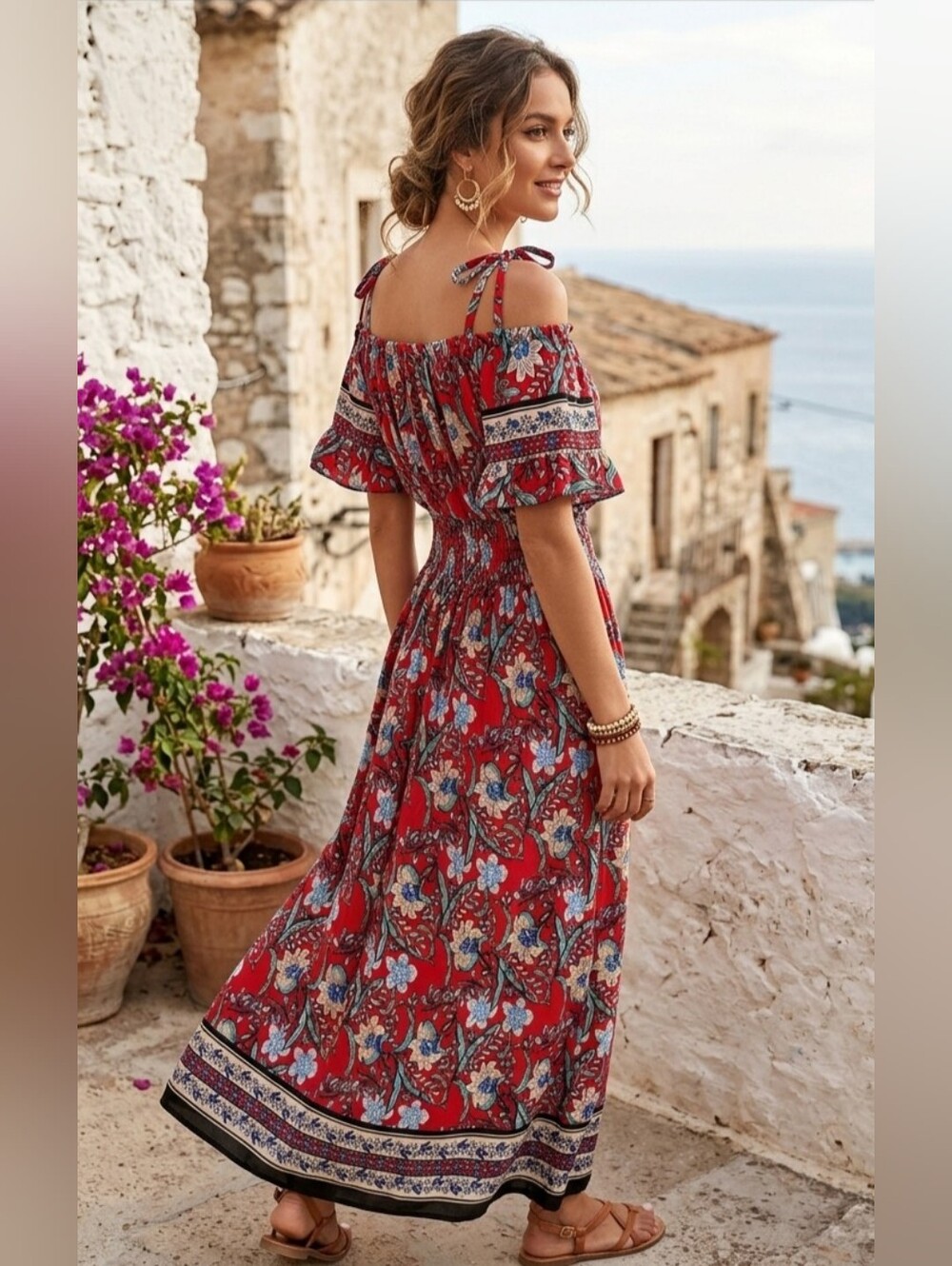 UNBRANDED Red Floral Off-the-Shoulder Maxi Dress with Shoulder Ties. Size S-M.